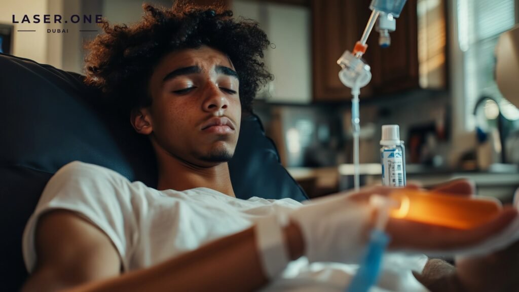 Athlete recovering with an IV drip for muscle recovery at Laser One Clinic Dubai