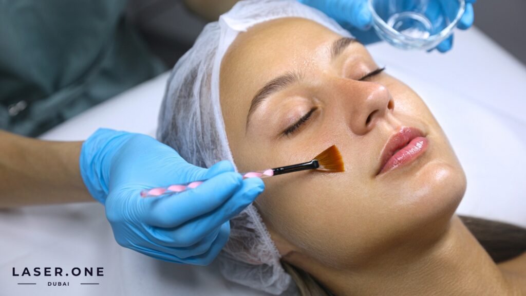 Cosmetologist performing a chemical peel for skin resurfacing in Business Bay