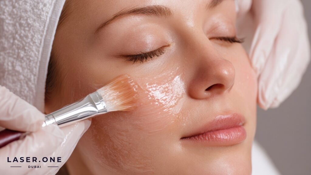 Cosmetologist safely applying a medical-grade chemical peel in Dubai