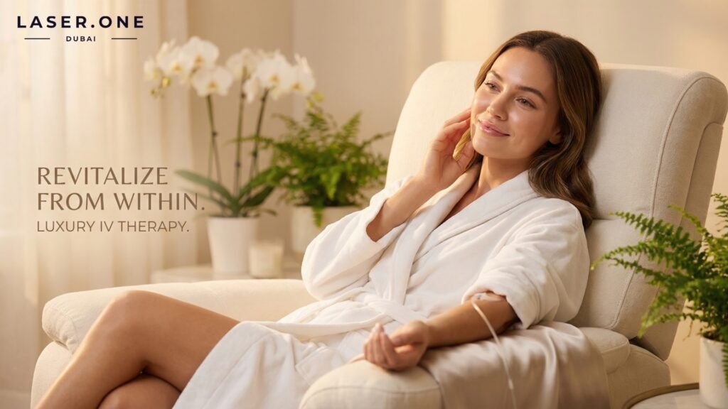 Patient receiving IV hydration therapy to combat summer heat at Laser One Clinic Dubai