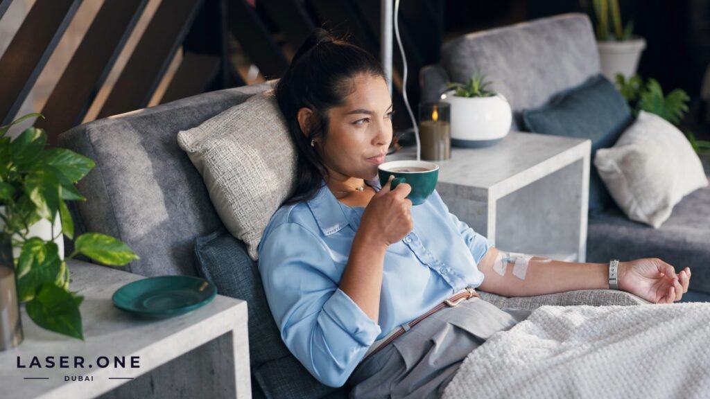 Patient relaxing while receiving a Glutathione IV drip in Dubai