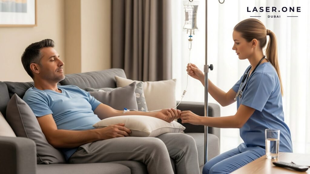 Medical professional administering a beauty vitamin infusion for skin rejuvenation in Business Bay