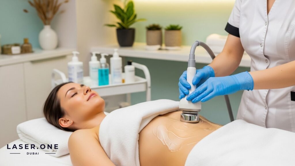 Mother receiving safe postpartum body contouring Endospheres therapy in Dubai