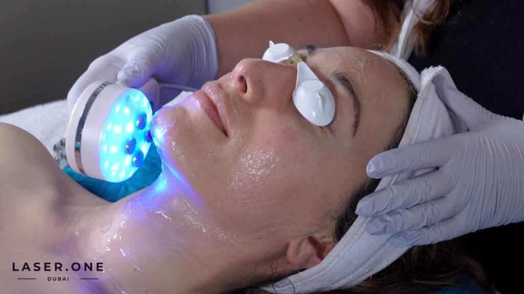 Russian speaking cosmetologist performing anti-aging facial treatment in Dubai