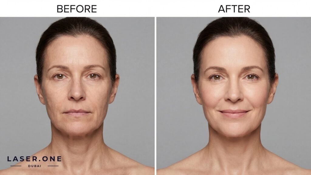 Woman with glowing, youthful skin after cosmetology treatment at Laser One Clinic Business Bay