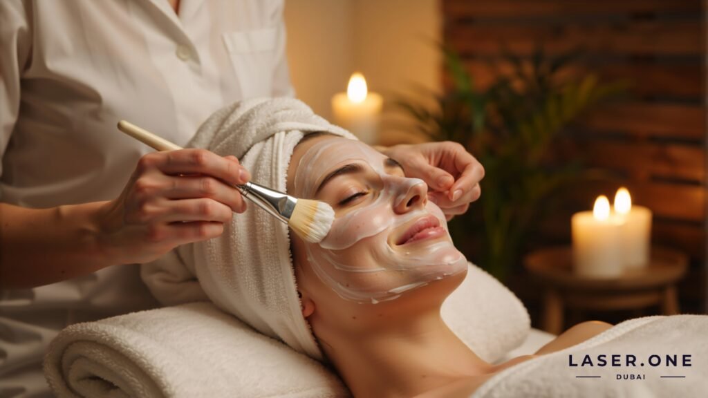 Russian speaking cosmetologist applying a hydrating facial mask at Laser One Clinic