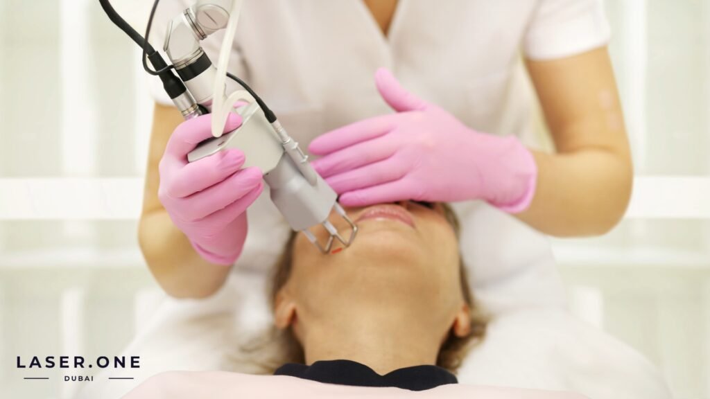 Russian speaking cosmetologist performing a chemical peel for hyperpigmentation at Laser One Clinic