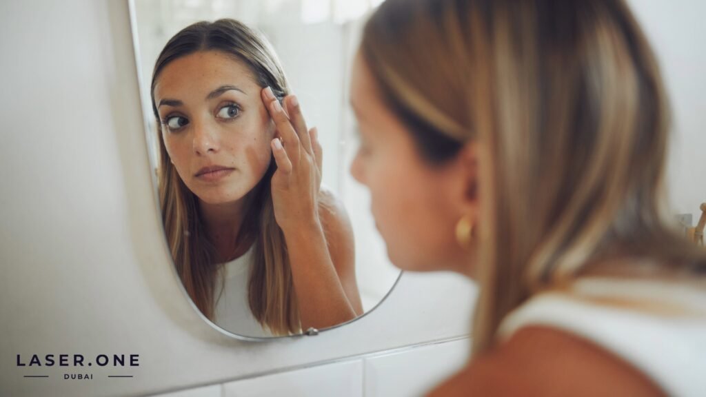 Woman examining her skin for sun damage before hyperpigmentation treatment in Dubai