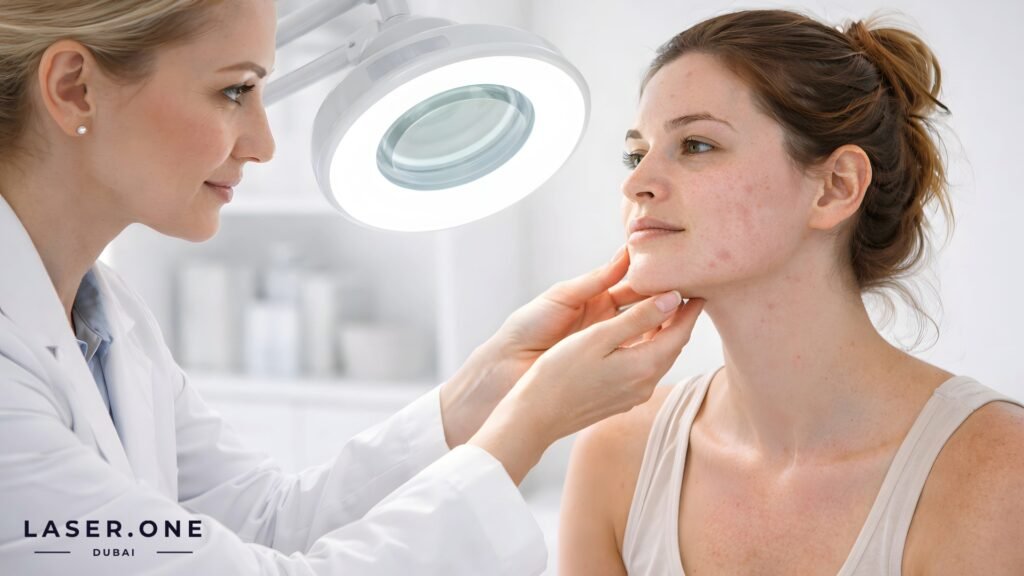 Russian speaking skin doctor treating hormonal acne in Business Bay