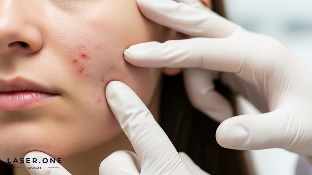 Dermatologist examining a patient for adult acne treatment in Dubai